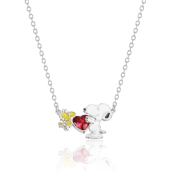 PEANUTS Womens Snoopy And Woodstock Crystal Heart Necklace 18" - Silver Plated Snoopy Necklace - Official License In Red