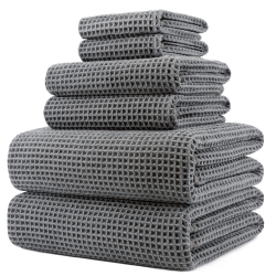 POLYTE Oversize, 60 X 30 In., Quick Dry Lint Free Microfiber Bath Towel Set, 6 Piece (Gray, Waffle Weave)