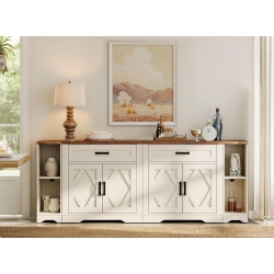 WAMPAT Modern Farmhouse Sideboard Cabinet \w Drawers & Doors, 82.7" Large Buffet Cabinet \w Adjustable Shelves, 4 In 1 Wooden Coffee Bar Table For