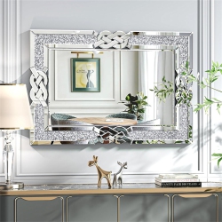 UNHO Crushed Diamond Wall Mirror, 36 X 24 Inch Rectangular Glass Vanity \w Decorative Glam Bling Crystal Frame Edge, Luxury Home Art Decor For
