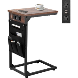 U-HOMY C-Shaped End Table With Charging Station – 2 USB Ports, 2 Outlets, 5 Storage Bags, Narrow Sofa Table for Living Room & Bedroom (Rust Brown)