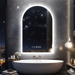 UNHO Luvodi Arched Illuminated Led Bathroom Mirror, 24X36 Inch Dimmable Wall Lighted Vanity Mirror \w Time Temperature Dispaly Anti-Fog Smart Switch