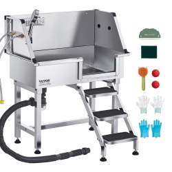 VEVOR 34 Inch Stainless Steel Dog Washing Station, \w Storage Stairs, Faucet & Showerhead & Soap Holder Dog Bathtub, Pet Wash Station for Medium &