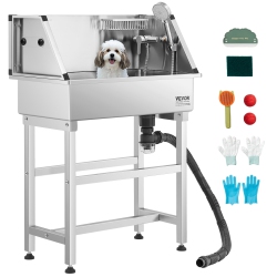VEVOR 34 Inch Stainless Steel Dog Washing Station, Pet Grooming Tub \w Faucet & Showerhead & Soap Holder & Play Balls Simple Dog Bathtub For