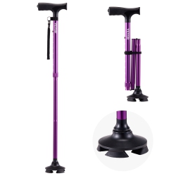VEVOR 250Lbs Loading Walking Cane for Man Woman, Folding Walking Stick \w 8-Level Adjustable Height, 4-Pronged Pivoting Base, Lightweight & Portable