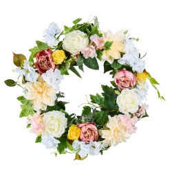 VEVOR 24 In Artificial Decorative Wreath Pink Yellow, Decorated \w Peonies, Hydrangeas, for All Seasons Indoor And Outdoor Home Wall Window Festival