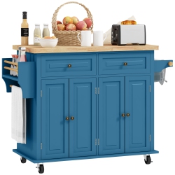HOMCOM Kitchen Island Cart \w Rubber Wood Top, Rolling Kitchen Island Table On Wheels \w Drawers, Adjustable Shelves, Spice Rack And Towel Rack For