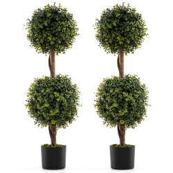 GYMAX Set Of 2 Artificial Double Topiary Ball Trees 3 Ft Faux Boxwood Topiary Tree