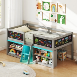 GYMAX Low Loft Bed Twin Size Wooden Bed Frame Kid's Cabin Bed W/ Bookcases