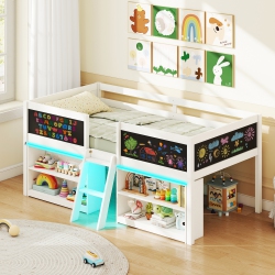 GYMAX Low Loft Bed Twin Size Wooden Bed Frame Kid's Cabin Bed W/ Bookcases