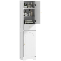 HOMCOM 67" Tall Bathroom Storage Cabinet, Modern Slim Bathroom Cabinet With 2 Arched Doors, Freestanding Narrow Linen Tower Wood Grain In White