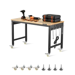VEVOR 48-Inch Adjustable Workbench, 2000 Lbs Load, Work Bench \w Power Outlet, Wheels, And Pegboard, Heavy Duty Oak Wood Top Work Table for Garage
