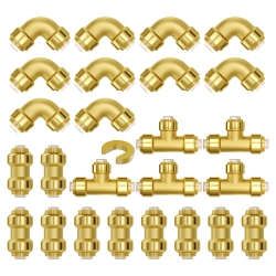 VEVOR 1/2" Pipe Fittings, 25PCs (10Xstraight, 10Xelbows, 5Xtees) Brass Pipe Fittings, Push-Fit Pipe Connector Brass Air Fittings, Adapter For