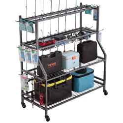 VEVOR 15-Rods Fishing Rod Holder, Mobile Fishing Pole Rack Cart \w Wheels, Fish Gear Equipment Organizer for Garage Home Indoor Use, for Tackle Box
