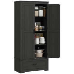 HOMCOM 69" Tall Kitchen Pantry Storage Cabinet, Farmhouse Freestanding Pantry Cabinet With 2 Doors, Drawer And Adjustable Shelves Wood Grain In Black
