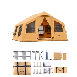 VEVOR 8-12 Person Inflatable Tents, Blow Up Tent \w Hand Pump, 4 Season Luxury Glamping Tent \w 2 Skylights, Canopy, Stove Jack, 2 Doors & Mesh