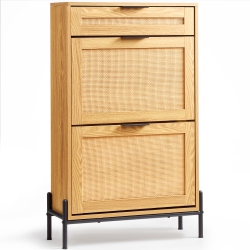 VEVOR Rattan Shoe Cabinet, Narrow Shoe Storage Organizer \w 2 Flip Rattan Drawers & 1 Slide Drawer, Metal Legs, Slim Shoe Entryway Cabinet Ideal For