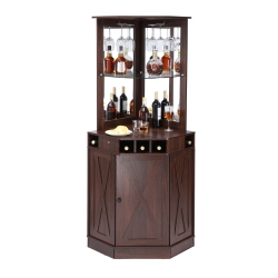 VEVOR Corner Industrial Bar Cabinet, Wine Table for Liquor & Glasses, Sideboard Buffet Cabinet \w Glass Holder, Freestanding Farmhouse Wood Coffee