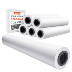 VEVOR 24 In X 150 Ft Wide Format Paper, Plotter Paper, 6 Rolls Cad Bond Rolls \w 2 In Core, 20 Lb Bond Paper Rolls, Idea for Cad Drawings