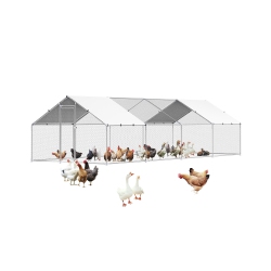VEVOR 9.8X26.2X6.5 Ft Metal Chicken Coop, Large Walk-In Chicken Runs \w Cover, Spire Roof Enclosure \w Security Lock, Outdoor Cage Poultry Pen For