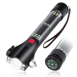 MYACUC Multifunctional Solar Emergency Flashlight, Portable Car Safety Tool With Hammer, Seat Belt Cutter, Rechargeable Alarm, And Compass