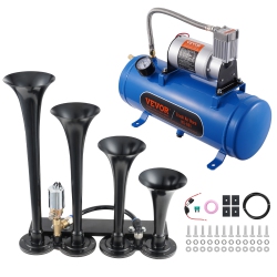 VEVOR 12V 120 Psi Train Horns Kit, 4 Trumpet Air Horn Kit, 150Db Train Horns for Pickup Trucks, Air Compressor 1.6 Gal/6 L Tank \w Gauge for Any 12V