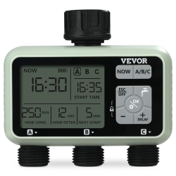 VEVOR 3 Outlets Water Timer, Hose Watering Sprinkler Timer, \w 3 Independent Watering Zone Lcd Display Rain Delay Mode Manual Mode 360° Brass Inlet