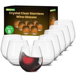 NUTRICHEF 15OZ Stemless Wine Glasses - Set Of 8 Ultra Thin Elegant & White Wine Clear Crystal Glass Drinkware, Lead-Free, Hand Blown Seamless Bowl