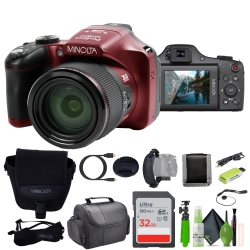 MINOLTA Pro Shot 20 Mp HD Digital Camera With 67X Zoom, 1080P HD Video Bundle (Red)