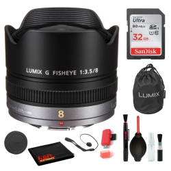 PANASONIC Lumix G Fisheye 8MM F/3.5 Lens With Bundle: Sandisk 32GB Sd Card, Deluxe Lens Cleaning Kit + More