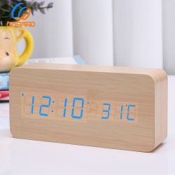 THE WAY Rechargeable Silent Wooden Clock, Wooden Digital Clock Triple Alarm Clock, Multi-Function Led Alarm Clock \w Time/date/temperature Display