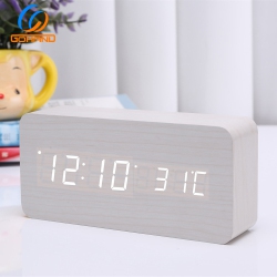 THE WAY Rechargeable Silent Wooden Clock, Wooden Digital Clock Triple Alarm Clock, Multi-Function Led Alarm Clock \w Time/date/temperature Display