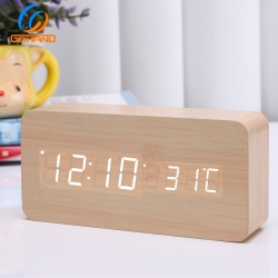THE WAY Rechargeable Silent Wooden Clock, Wooden Digital Clock Triple Alarm Clock, Multi-Function Led Alarm Clock \w Time/date/temperature Display