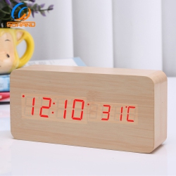 THE WAY Rechargeable Silent Wooden Clock, Wooden Digital Clock Triple Alarm Clock, Multi-Function Led Alarm Clock \w Time/date/temperature Display