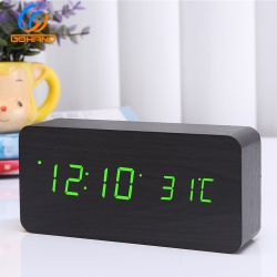 THE WAY Rechargeable Silent Wooden Clock, Wooden Digital Clock Triple Alarm, Multi-Function Led Alarm \w Time/date/temperature Display -Black Wood