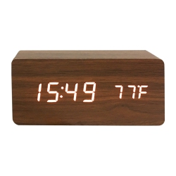 THE WAY Rechargeable Silent Wooden Clock, Wooden Digital Clock Triple Alarm, Multi-Function Led Alarm \w Time/date/temperature Display -Brown Wood