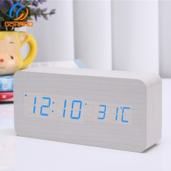 THE WAY Rechargeable Silent Wooden Clock, Wooden Digital Clock Triple Alarm Clock, Multi-Function Led Alarm Clock \w Time/date/temperature Display