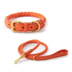 THE WAY Braided Leather Dog Leash Pet Collar Dog Walking Rope Dog Leash for Small And Medium Dogs - Amber (Collar) M+ (120Cm Leash) In Orange