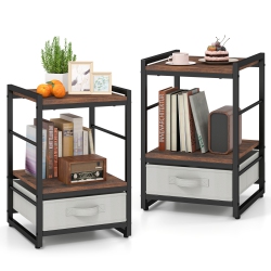 GYMAX 2 PCs Nightstand Industrial Bedside Table W/ Open Storage Shelf & Fabric Drawer
