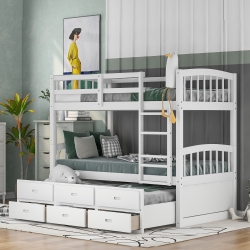 STREAMDALE FURNITURE Twin Over Twin Wood Bunk Bed With Trundle And Drawers, White