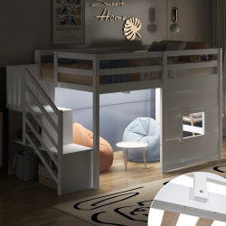 STREAMDALE FURNITURE Twin Size Loft Bed With Storage Staircase And Window, With Led Light In White