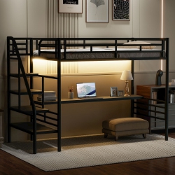 STREAMDALE FURNITURE Metal Loft Bed Frame With Desk And Led Light, No Box Spring Needed, Twin, Black