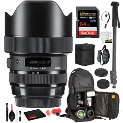 SIGMA 14-24MM F/2.8 Dg Hsm Art Lens for Nikon F With Bundle: Sandisk Extreme Pro 64GB Sd Card, Sling Backpack + More