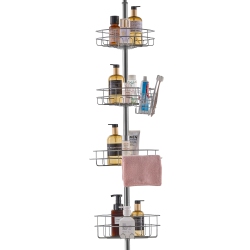 VEVOR 56" to 114" Shower Corner Caddy Tension Pole, Multi-Functional Shower Tension Pole \w Strong Load-Bearing Tray, Rust-Proof Easy-To-Install