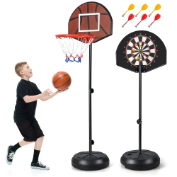 GYMAX 2-In-1 Kids Basketball Hoop W/ Dart Board Double-Sided Backboard & 6 Darts