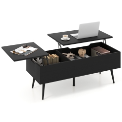 GYMAX Lift Top Coffee Table W/ Split Top & 2 Hidden Compartments Tapered Metal Legs