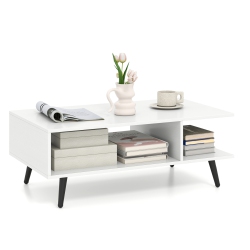 GYMAX 2-Tier Coffee Table W/ Compartments & Metal Legs Rectangle Tea Cocktail Table