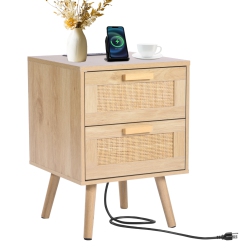 VEVOR Rattan Nightstand, Boho Bedside Table \w 2 Drawers, Rattan End Table Nightstand \w Solid Wood Legs, Rattan Bedside Table \w Charging Station