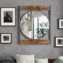 UNHO Artloge Decorative Wall Mirror Industrial 23 Inch Round Wall Mirror \w Square Wood Metal Frame Retro Accent Mirror for Entryway Hallway