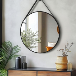 UNHO Artloge 24 Inch Round Wall Mirror Wiith Aluminium Frame And Leather Strap for Bathroom Living Room Bedroom In Black